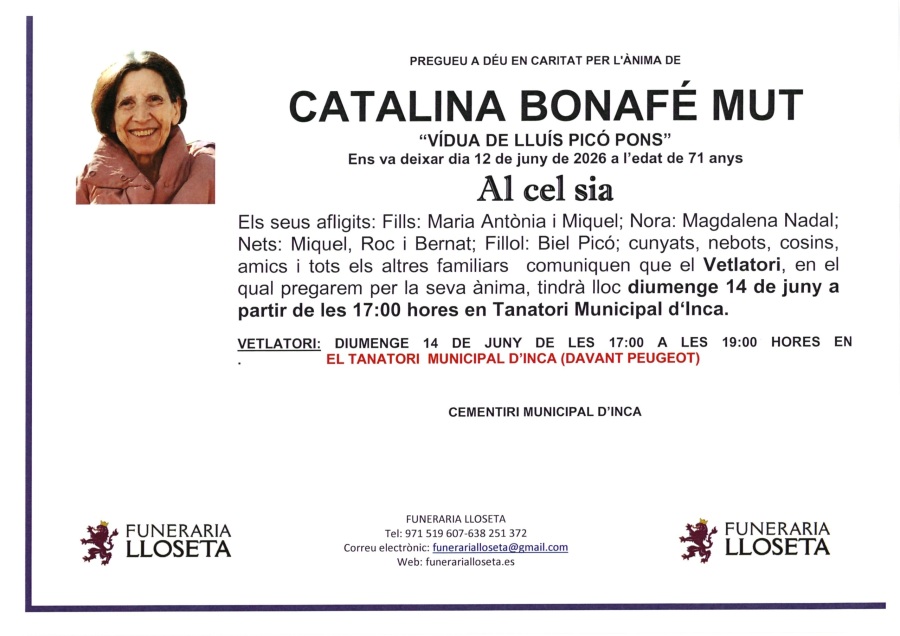 Esquela de CATALINA BONAFE MUT