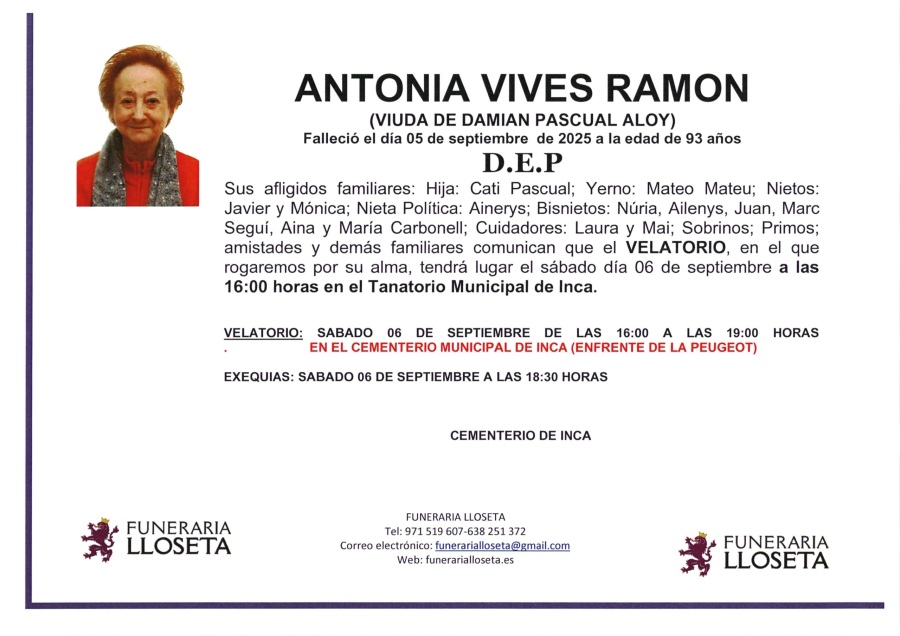 Esquela de ANTONIA VIVES RAMON