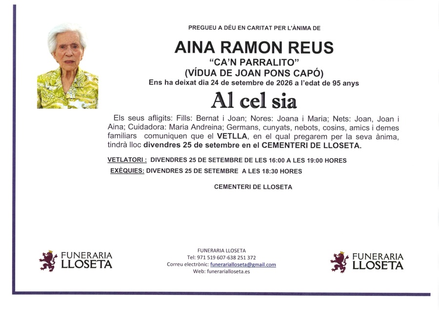 Esquela de AINA RAMON REUS