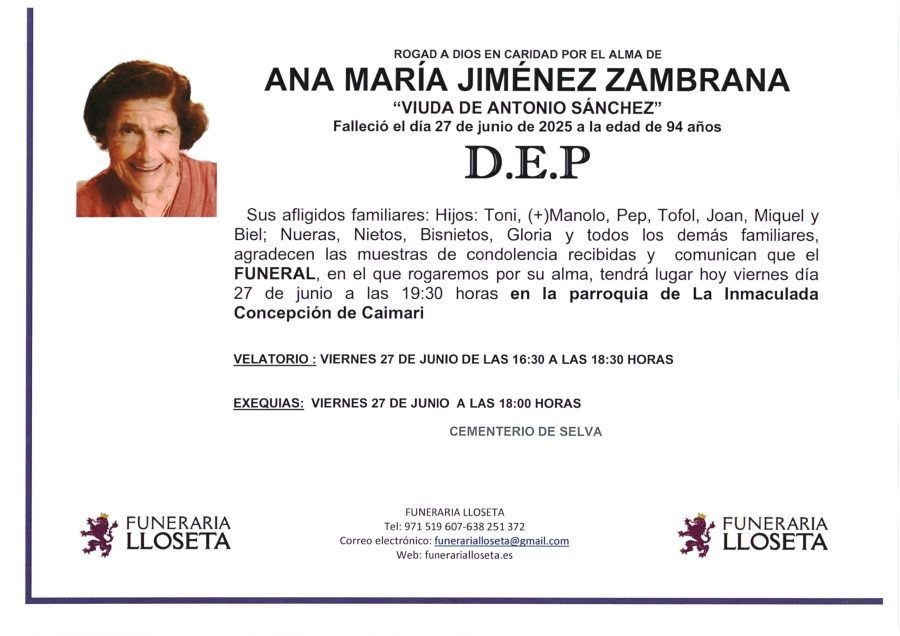 Esquela de ANA MARIA JIMENEZ ZAMBRANA