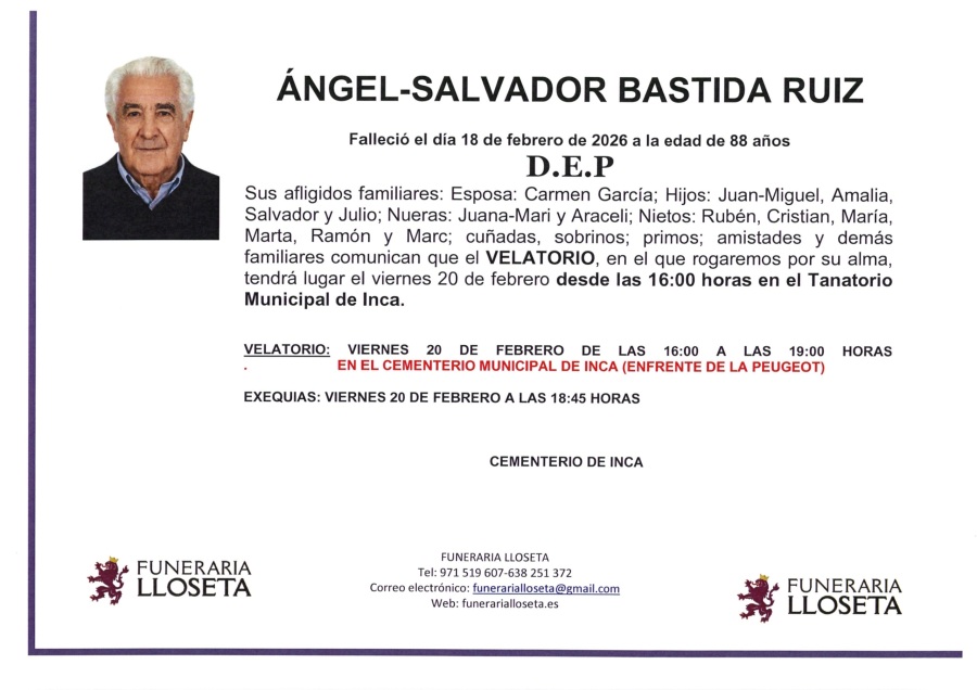 Esquela de ANGEL SALVADOR BASTIDA RUIZ