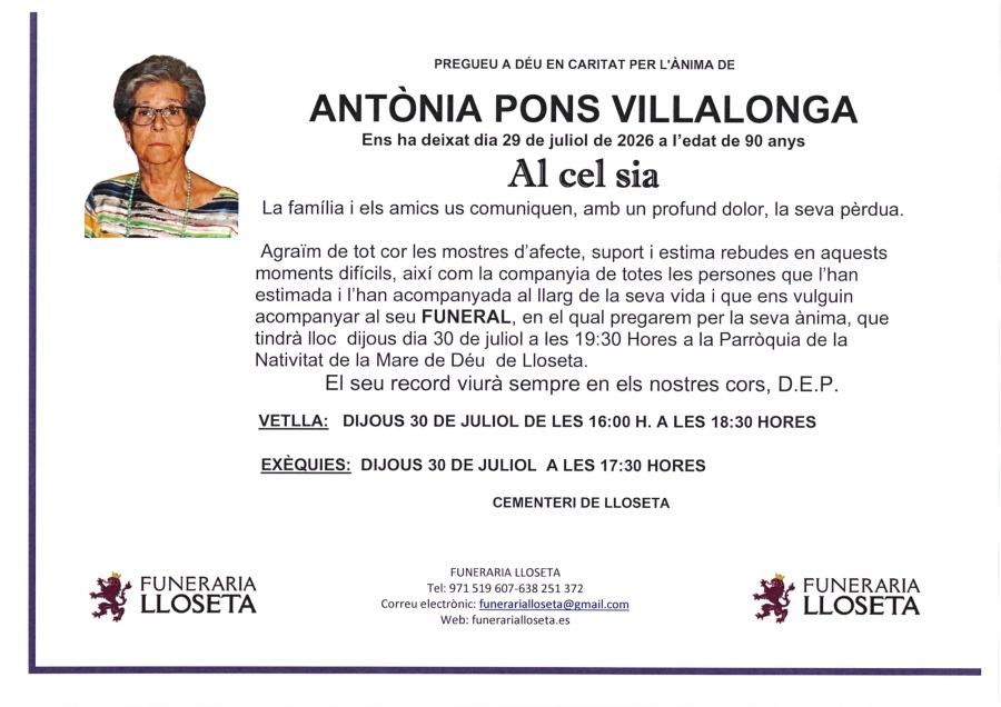 Esquela de ANTONIA PONS VILLALONGA