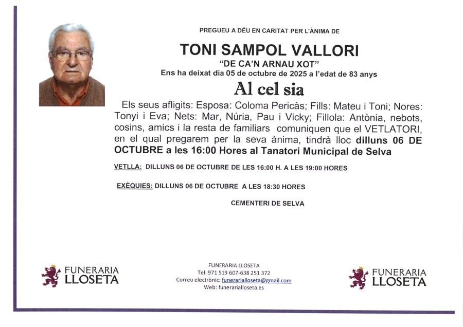 Esquela de ANTONIO SAMPOL VALLORI