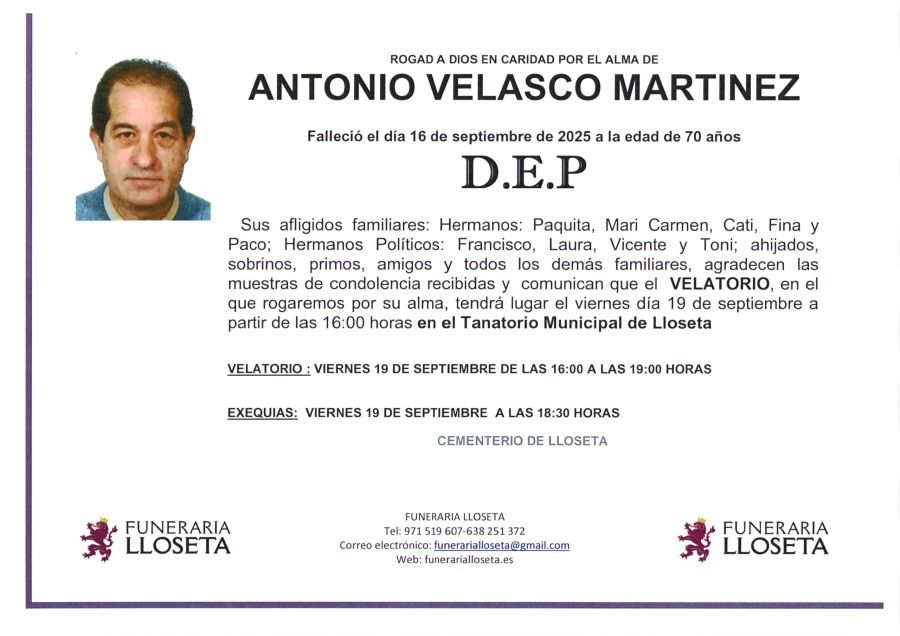 Esquela de ANTONIO VELASCO MARTINEZ