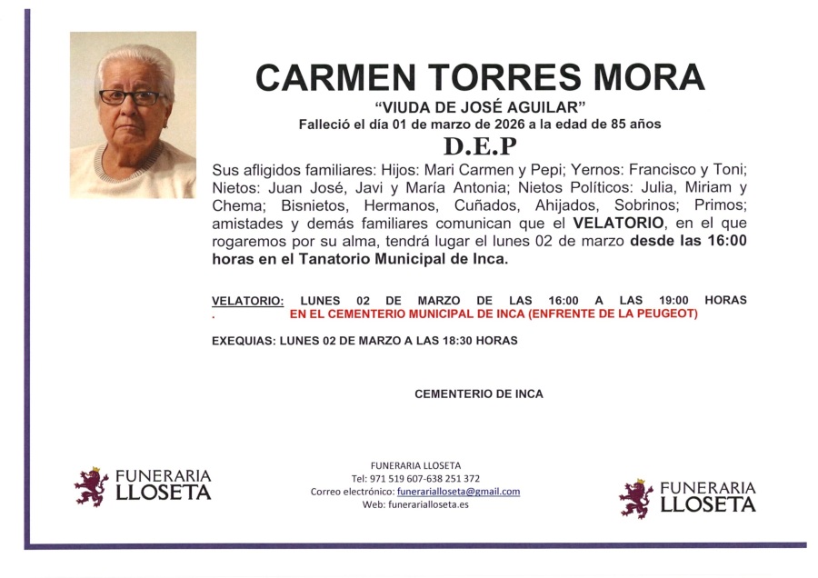 Esquela de CARMEN TORRES MORA