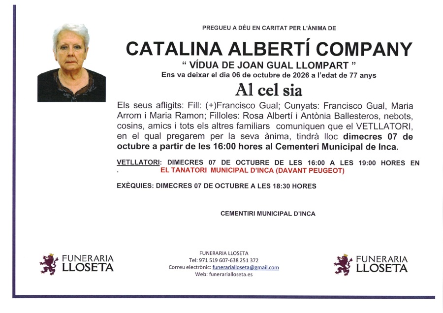 Esquela de CATALINA ALBERTI COMPANY