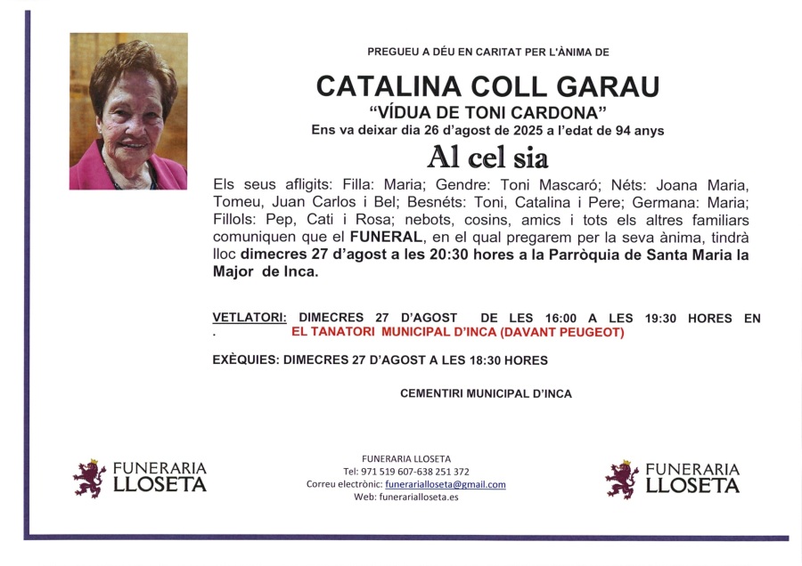 Esquela de CATALINA COLL GARAU