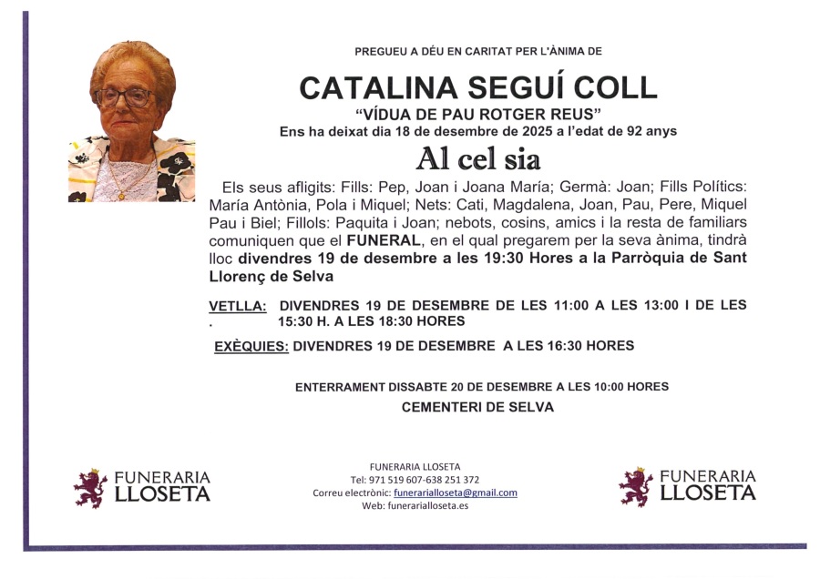 Esquela de CATALINA SEGUI COLL
