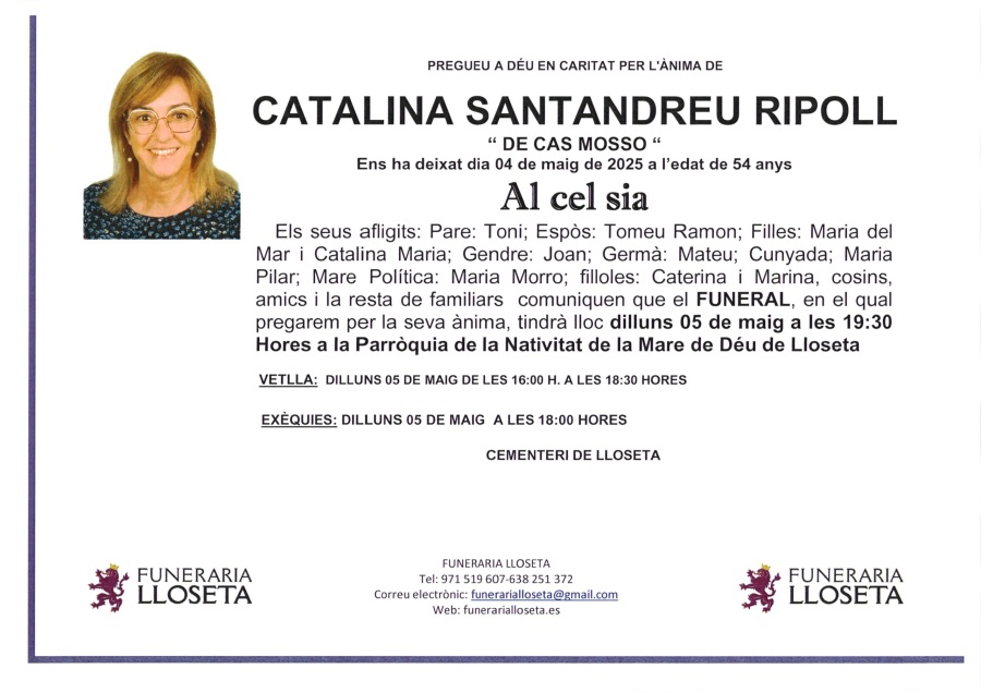 Esquela de CATALINA SANTANDREU RIPOLL