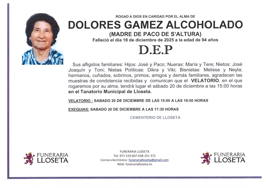 Esquela de DOLORES GAMEZ ALCOHOLADO