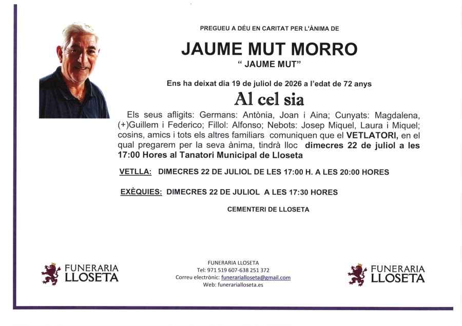 Esquela de JAIME MUT MORRO