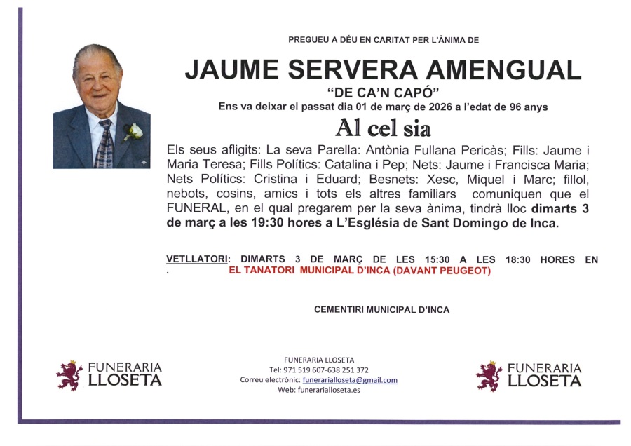 Esquela de JAUME SERVERA AMENGUAL