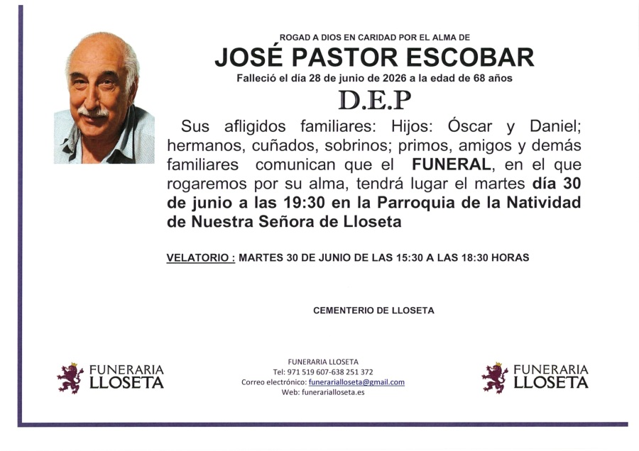 Esquela de JOSE PASTOR ESCOBAR