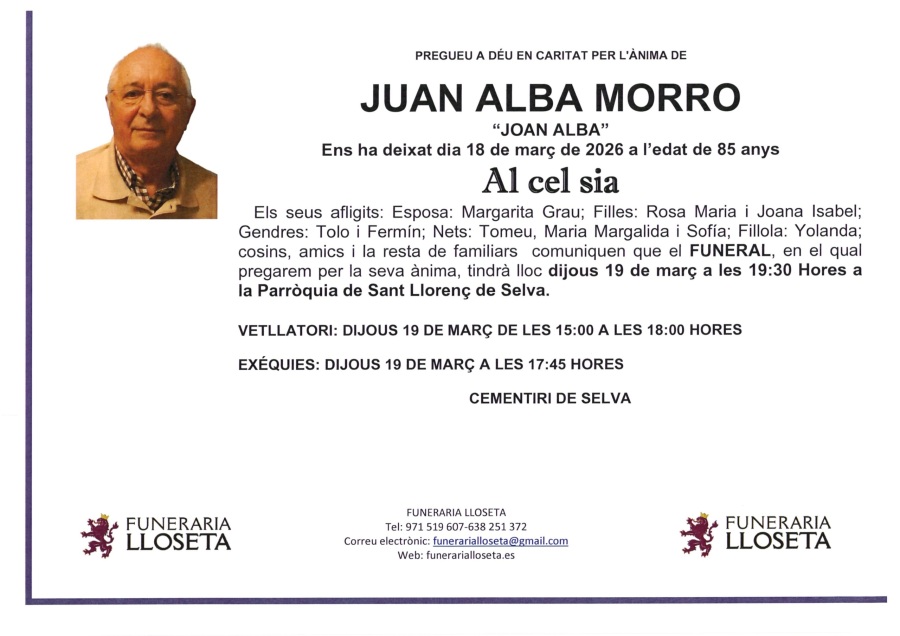 Esquela de JUAN ALBA MORRO
