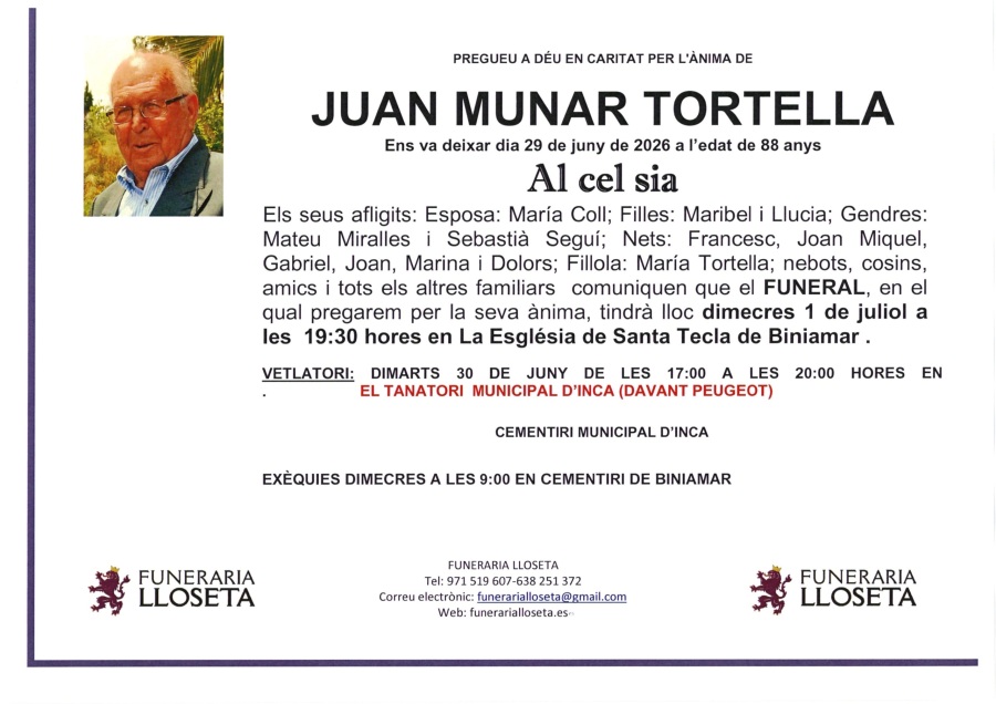Esquela de JUAN MUNAR TORTELLA