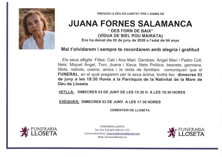 Esquela de JUANA FORNES SALAMANCA