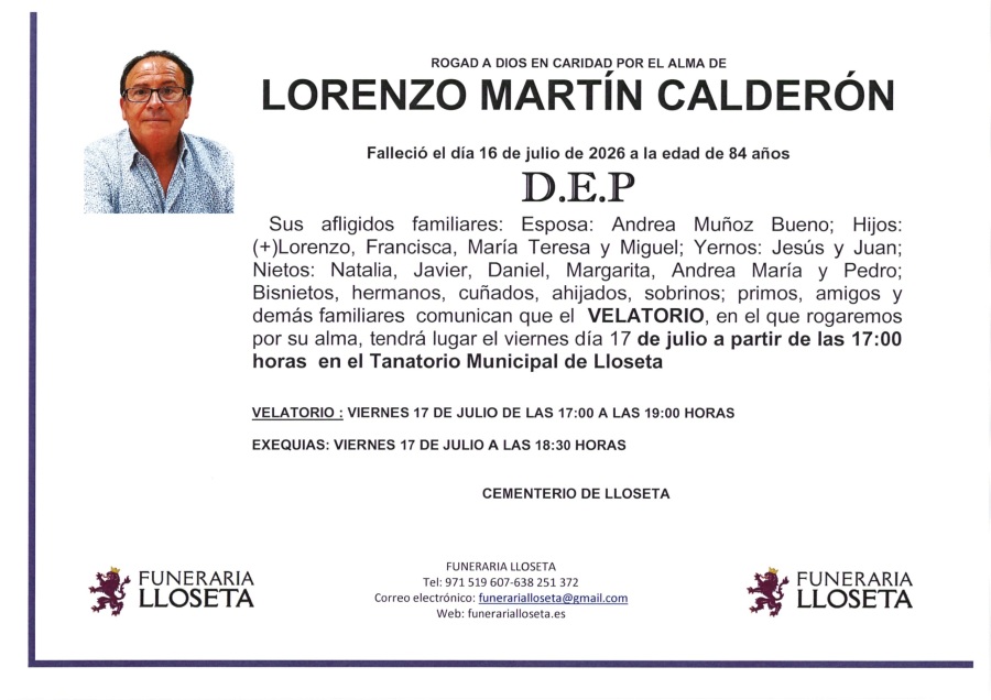 Esquela de LORENZO MARTIN CALDERON