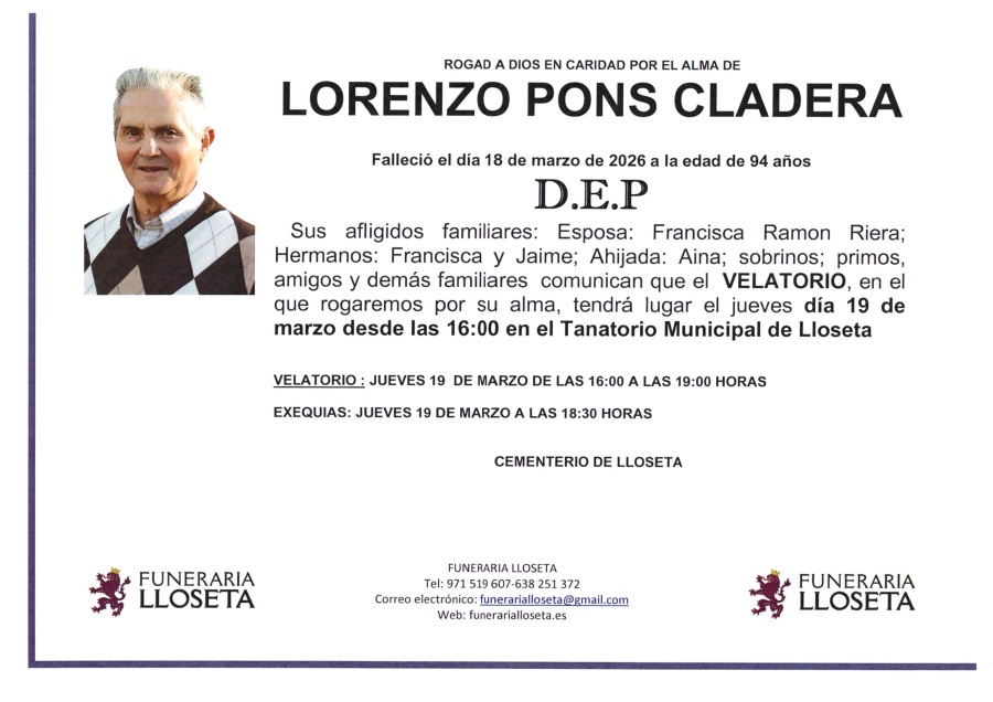 Esquela de LORENZO PONS CLADERA