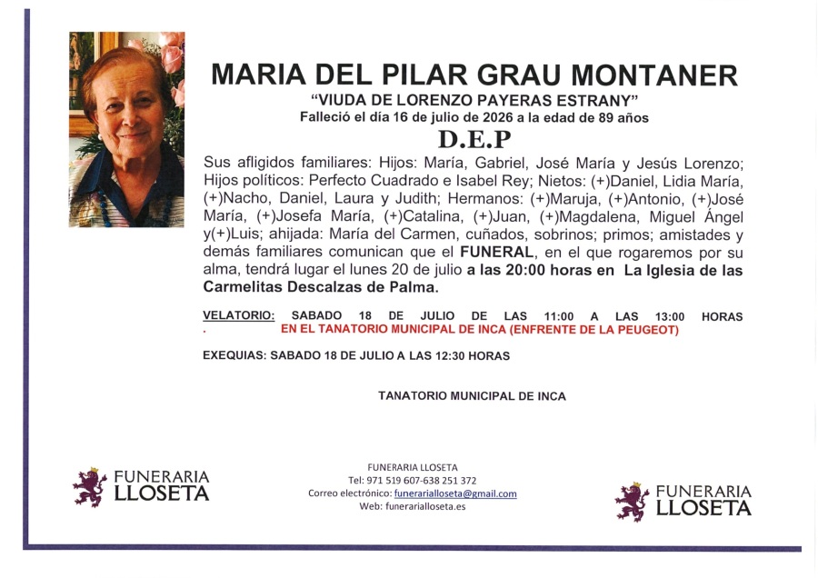 Esquela de MARIA DEL PILAR GRAU MONTANER