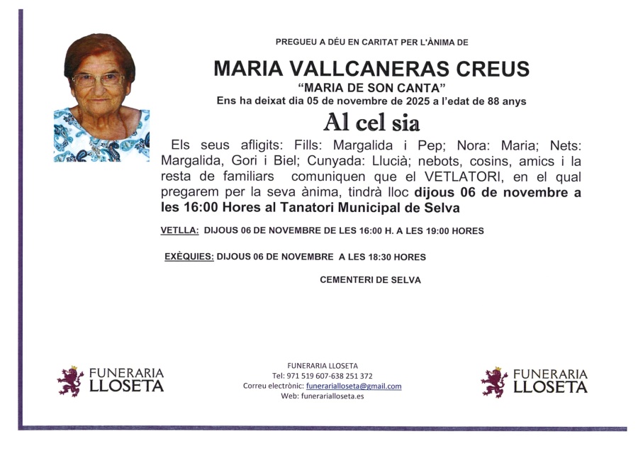 Esquela de MARIA VALLCANERAS CREUS