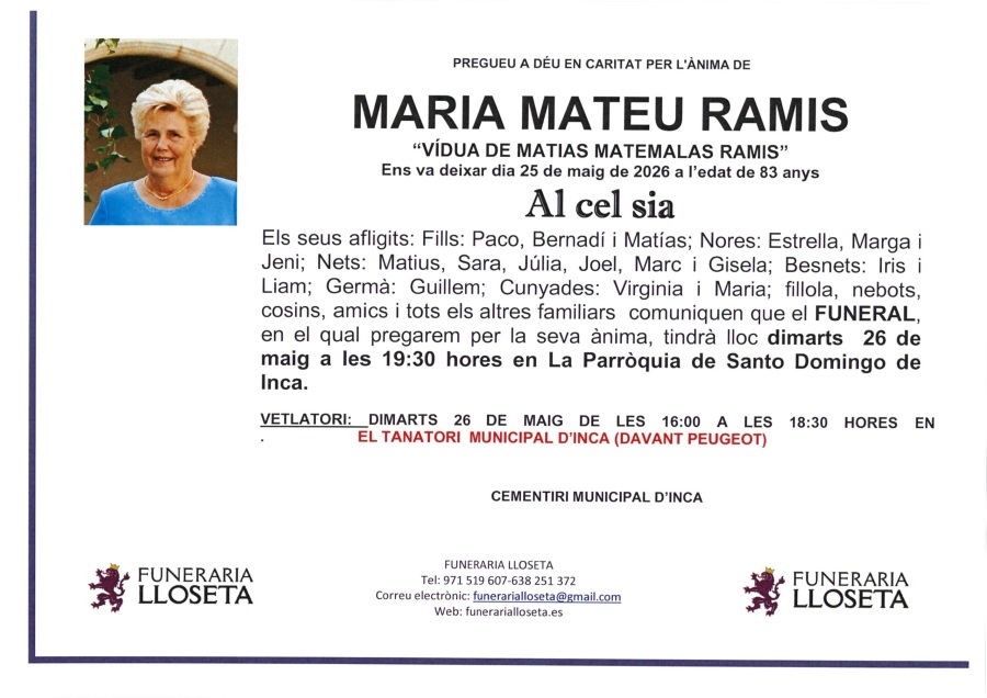 Esquela de MARIA MATEU RAMIS