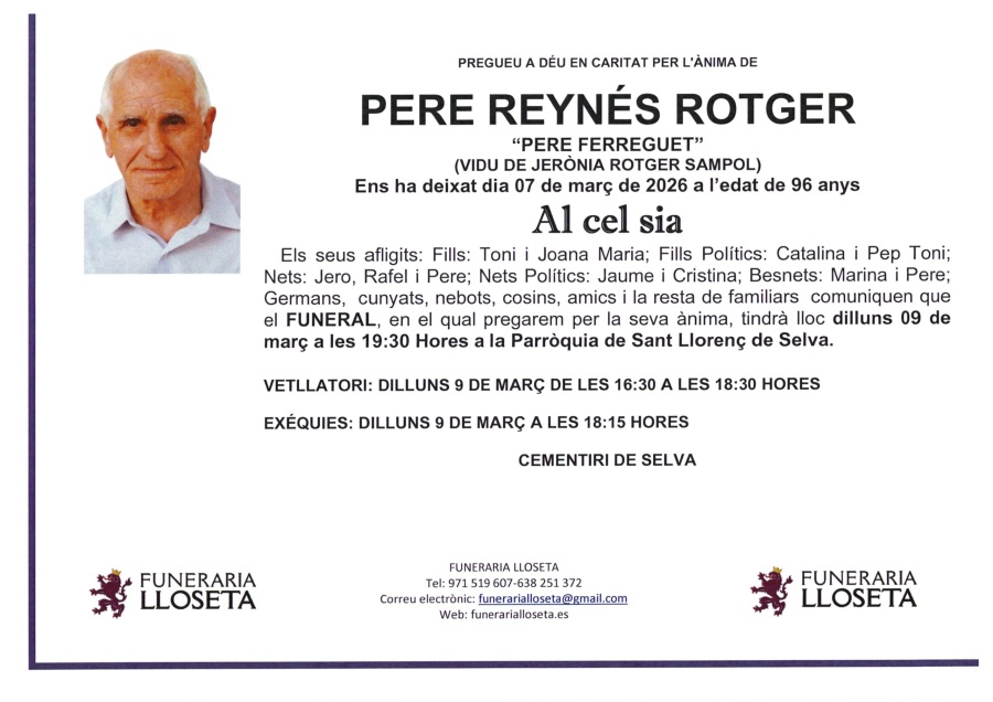 Esquela de PERE REYNES ROTGER