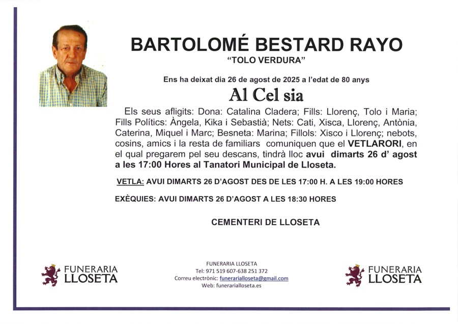 Esquela de BARTOLOME BESTARD RAYO