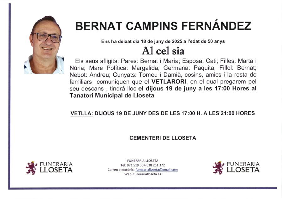 Esquela de BERNAT CAMPINS FERNÁNDEZ