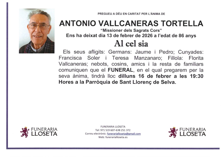 Esquela de ANTONIO VALLCANERAS TORTELLA