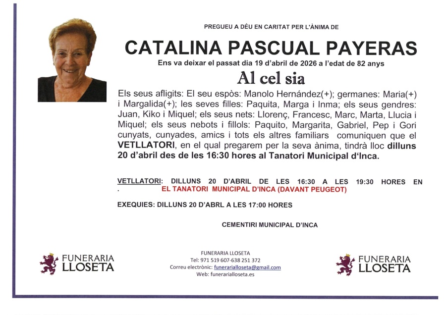 Esquela de CATALINA PASCUAL PAYERAS