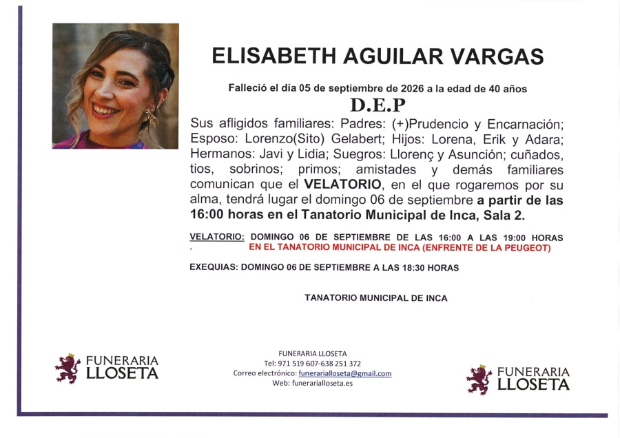 Esquela de ELISABETH AGUILAR VARGAS