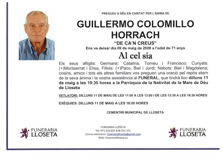 Esquela de GUILLERMO COLOMILLO HORRACH