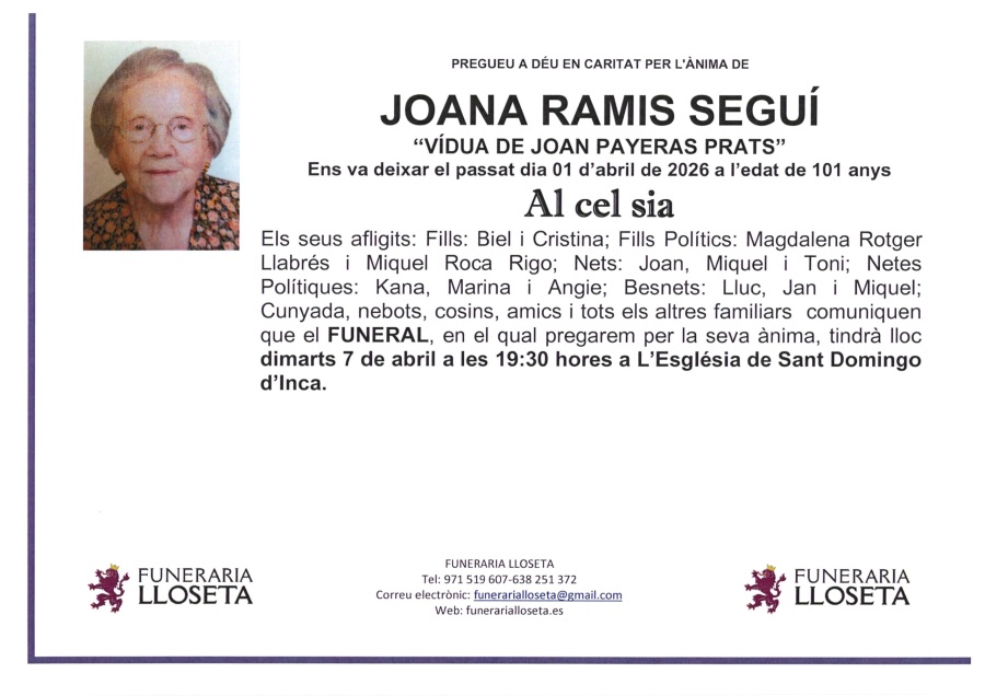 Esquela de JOANA RAMIS SEGUI