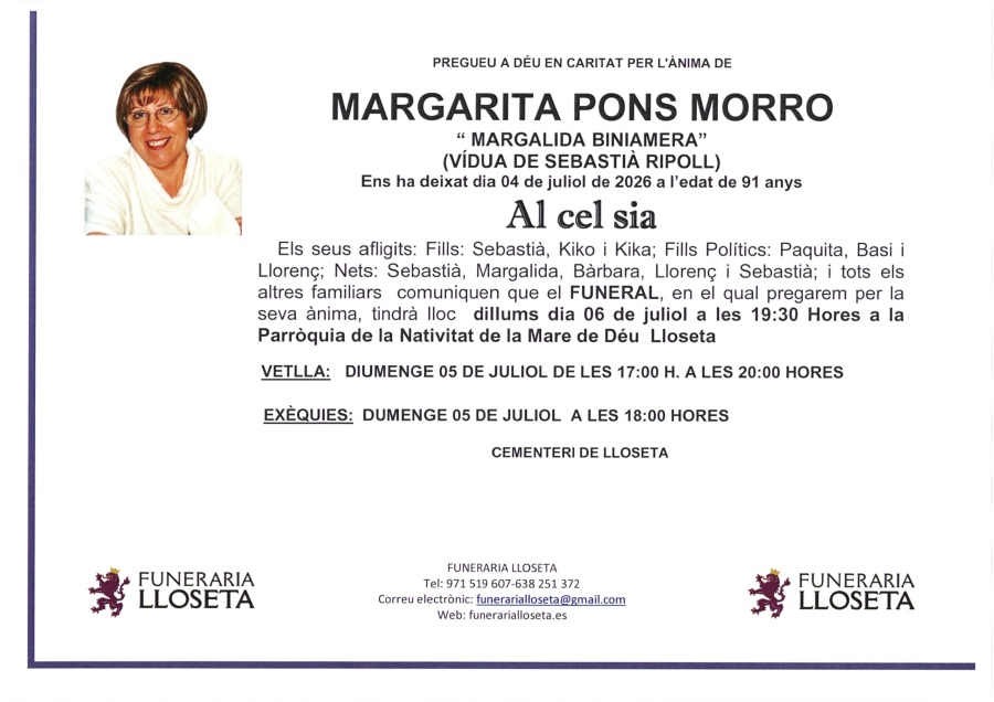 Esquela de MARGARITA PONS MORRO