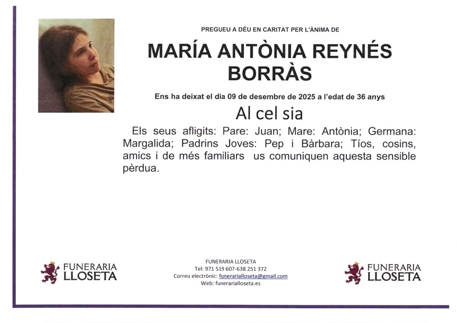 Esquela de MARIA ANTONIA REYNES BORRAS