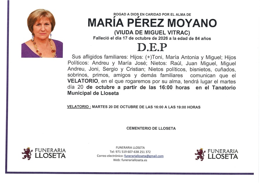 Esquela de MARIA PEREZ MOYANO