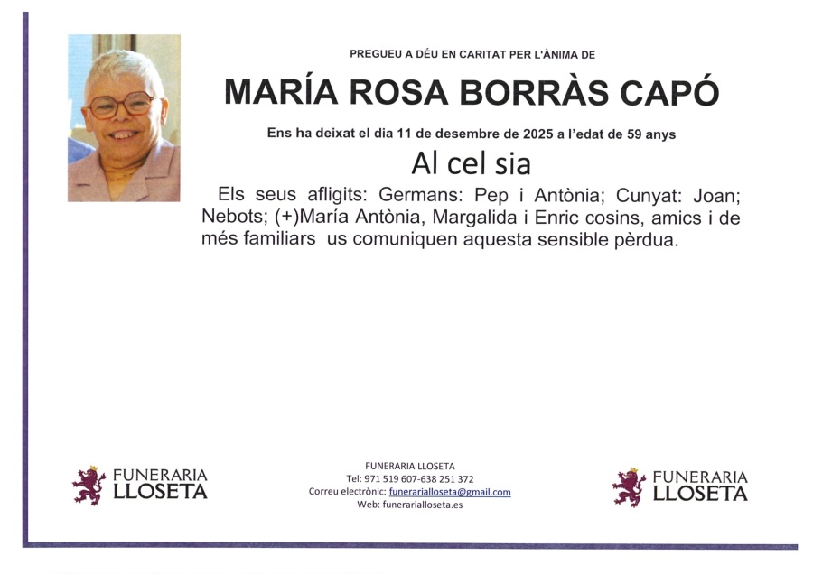 Esquela de MARIA ROSA BORRAS CAPO