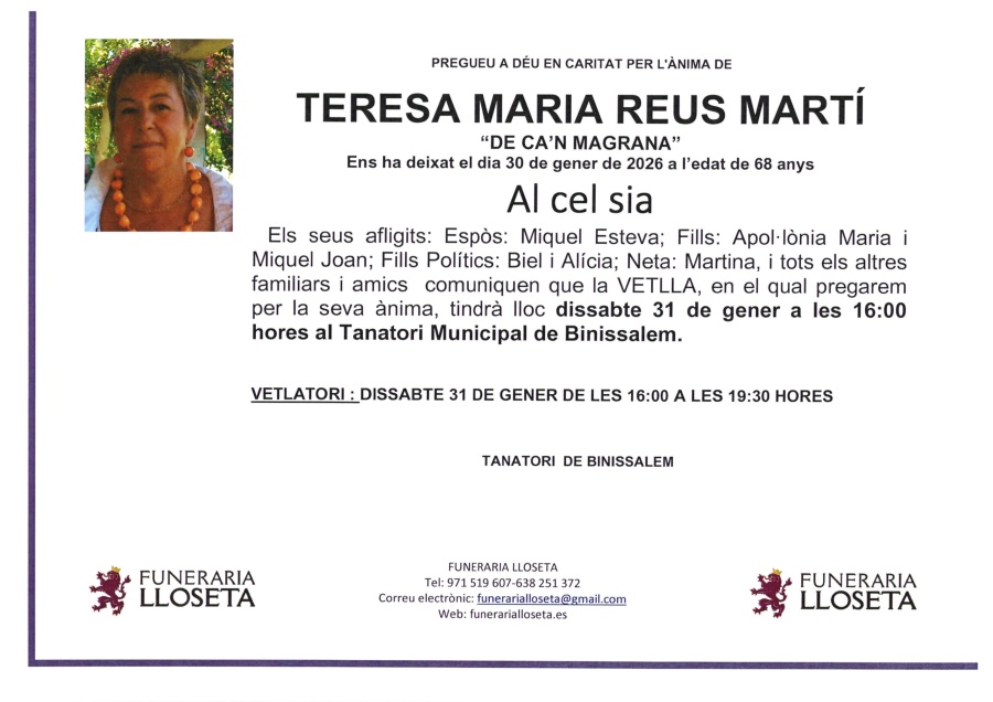 Esquela de TERESA MARIA REUS MARTI