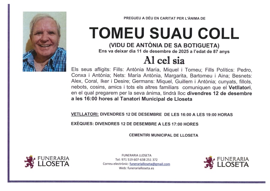 Esquela de TOMEU SUAU COLL